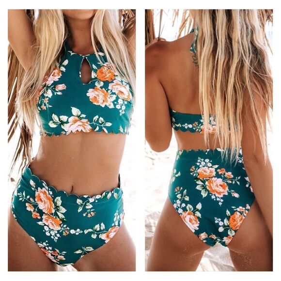 Cupshe teal floral scallop halter bikini set L - Picture 1 of 7